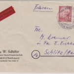 BRD - 80 Pfg. Heuss I Eilbrief Alsfeld Schlitz 1955 rs. Durchgangs-/Minutenstpl.