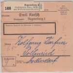 DR - Paketkarte/Selbstbucher 65 Pfg. Registrierkassen-Stpl. Regensburg 2 1943