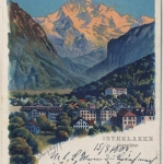 Schweiz - Interlaaken Alpenglühen farb. Künstler-AK gelaufen n. Hannover 1903