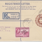 Ghana - 6 P. Einschreibe-Ganzsache + Zusatz n. USA Accra New York 1958