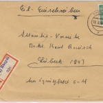 All.Bes./Kontrollrat - Rheydt Einschreibebrief n. Lübeck 1947 Aushilfs-R-Zettel