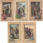 Tracht Trachtler 5 farb. Kitschkarten Serie: Grüass Gott… alle 5 Karten gelaufen