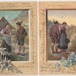 Tracht Trachtler 5 farb. Kitschkarten Serie: Grüass Gott… alle 5 Karten gelaufen
