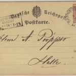 1 Gr. gr. Brustschild, Postkarte Sangerhausen - Halle 1874 Paris 1873