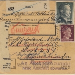 DR - 1 RM + 15 Pfg. AH, Paketkarte Zittau 3 - Swinemünde 1943 + RETOUR !!