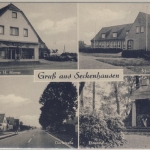 Seckenhausen - Merhbild-sw-Fotokarte/Gemischtwaren, Schule, Dorfstraße, Ehrenmal