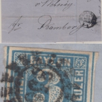 Bayern - 3 Kr. Quadrat blau, breit- bis überrandig, Brief oMR 356/Nürnberg -