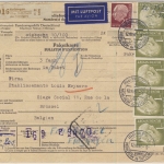 BRD - 5x1 M. + 25 Pfg. Heuss, Lupo-Paketkarte n. BELGIEN, Kolbingen ü. Mühlheim