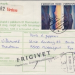 Dänemark/Färöer - 2x500 Ö. Freimarken, Wertpaketkarte(?) Torshavn - Aalborg 1980