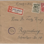 SBZ - 30+12 Pfg. Einschreibebrief Jüterbog - Regensburg 1945, Aushilfs-R-Zettel