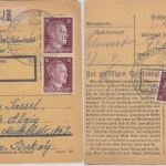 DR - 3x15 Pfg. AH, Paketkarte Bekond ü. Schweich (Mosel) - Esch-Alzig 1943