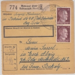 DR - 3x15 Pfg. AH, Paketkarte Bekond ü. Schweich (Mosel) - Esch-Alzig 1943