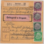 DR - 2x60+50+5 Pfg. Hindenburg, Dringend-Paketkarte Martinau ü. Beuthen 1942