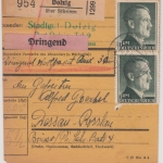DR - 3x1 RM + 5 Pfg. AH, Dringend-Wertpaketkarte Dolzig ü. Schrimm - Dessau 1943