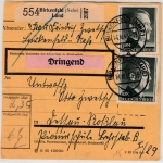 DR - 2x1 RM AH u.a., Dringend-Paketkarte Birkenfeld (Nahe) Land - Dessau 1943
