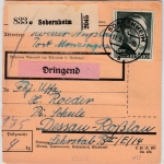 DR - 1 RM + 3x25 Pfg. AH, Dringend-Paketkarte Sobernheim - Dessau 1943