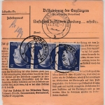 DR - 1 RM + 3x25 Pfg. AH, Dringend-Paketkarte Sobernheim - Dessau 1943