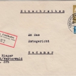BRD - 70 Pfg. Heuss I, Einschreibebrief Frickhofen - Hadamar 1956