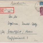 Bizone - Naurod ü. Wiesbaden 5, Poststelle I, Einschreibebrief n. Frankfurt 1951