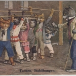 Katzen - Turnen, Stabübungen, farb. Ansichtskarte, gelaufen Peissenberg 1928