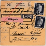 DR - 2x80+15 Pfg. AH, Dringend-Paketkarte Grunbach - Dessau 1944
