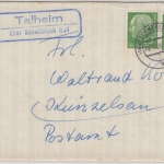 BRD - (14a) Talheim ü. Schwäbisch Hall, Landpost-Ra2 a. Brief n. Künzelsau 1959