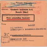 DR - 75 Pfg. AFS "Gruschwitz Textilwerke", Paketkarte Neusalz - Wasselnheim 1942