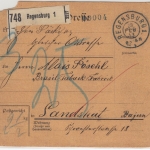 Bayern - Regensburg 1, Paketkarte (unfrei) n. Landshut, 25 Pfg. Nachporto 1913