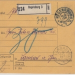 Bayern - Regensburg 3, Paketkarte (unfrei) n. Landau, 30 Pfg. Nachporto 1917