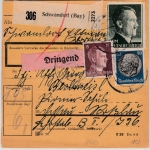 DR - 1 RM AH u.a., Dringend-Paketkarte Schwandorf - Dessau (Pionierschule) 1943
