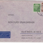 BRD - 60+10 Pfg. Posthorn/Heuss, Lupo-Brief n. ARGENTINIEN, Gevelsberg 3.5.54 !