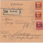 Bayern - 2x30+15 Pfg. Ludwig/Freistaat, Paketkarte Morschreuth - Nürnberg 1920