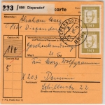 BRD - 2x90 Pfg. Bed. Deutsche, MEF a. Paketkarte Diepersdorf - Demin/DDR 1968