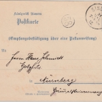 Bayern - 5 Pfg. Luitpold, Empf.best. f. Postanweisung, K1 Sindelbach - Nürnberg