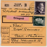 DR - 2 RM+50 Pfg. AH, Dringend-Paketkarte Seestadt Rostock 4 - Bad Nauheim 1943