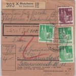 Bizone - 60+3x10 Pfg. Bauten, Wert-Paketkarte Stotzheim b. Euskirchen -Darmstadt