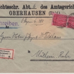 DR-Infla - 2x100 M. Ziffer, Dienst-Einschreibebrief Oberhausen - Mülheim 1923