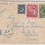 Pakistan - 3 A. sand glass etc., registered cover to DDR, Sylhet - Döberitz 1954