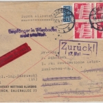 Bizone - 4x20 Pfg. Bauten, Eilbrief Aachen - Wiesbaden 1949, Retourvermerk