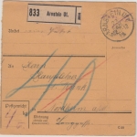 Bayern - Arnstein 1919, unfreie Paketkarte n. Nordheim, 40 Pfg. Nachporto