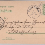 Bayern - Faulbach 1904, K1 a. 5 Pfg. GA-Karte n. Aschaffenburg, Stpl. RR!