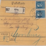 Bayern - 2x20 Pfg. Ludwig, Paketkarte Aßling - Moosburg 1918
