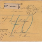 Bayern - Schweinfurt 1919, unfreie Paketkarte n. Nordheim, 40 Pfg. Nachporto