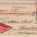 Bayern - 5+10 Pfg. Wappen, Nachnahmekarte Schweinfurt - München 1909