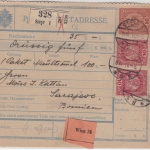 Österreich - 80+2x10 H. Wappen, Nachnahme-Paketkarte n. BOSNIEN, Steyr 1918 n.