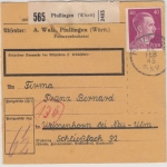 DR - 40 Pfg. AH, Paketkarte, württ. K1 Pfullingen 27.2.45 n. Weissenhorn