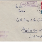 BRD - (20a) Barnsen ü. Uelzen, Landpost-Ra2 a. Brief n. Michelau 1955