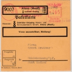 DR - Altena 1943, 165 Pfg. AFS Paketkarte/Selbstbucher (Lennewerk) n. Undorf