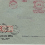 DR - Hagen (Westf.) 1, 1929, 62 Pfg. AFS "Deutsche Bank", R-Postauftrag n.