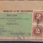 Spanien - 2 C. Ziffer, 4er-Block a. Zeitungsadresse Soller n. Frankfurt 1941